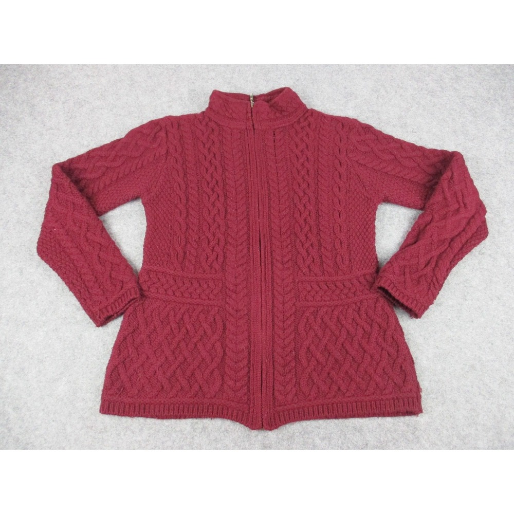 Inis Crafts Sweater Womens Medium Red Cable Knit Full Zip Merino Wool Ireland
